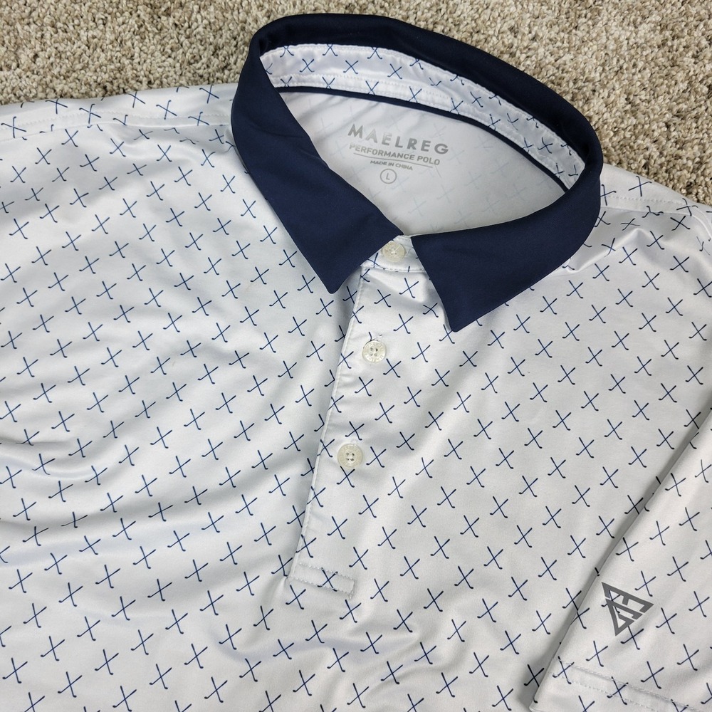 Maelreg Mens Large White AOP Golf Clubs Performance Stretch Polo Short Sleeve